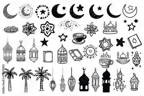 Ramadan and Eid Al-Fitr hand drawn vector illustrations set. Muslim holiday's symbols - fanous, prayer beads, decorative, food and drinks, prayer mat. Outline vector illustration