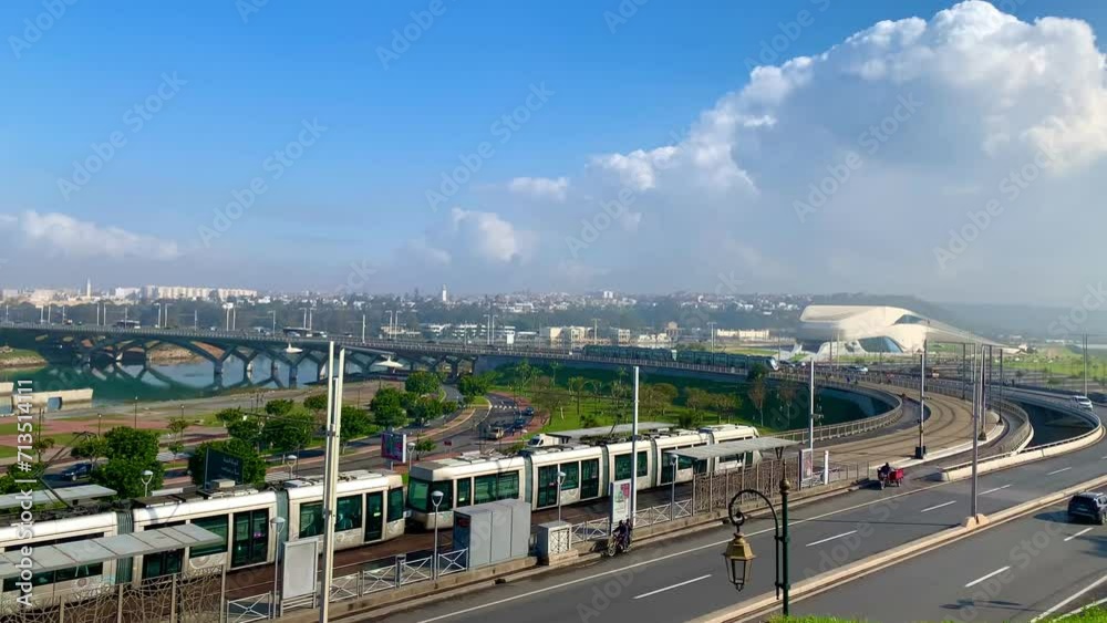Rabat, Morocco - January 07, 2024; General view of rabat, The Grand Theatre with a public park in the foreground and Traffic on Hassan II bridge in Rabat, Morocco Rabat, Morocco - January 07, 2024; General view of rabat, The Grand Theatre with a public park in the foreground and Traffic on Hassan II bridge in Rabat, Morocco