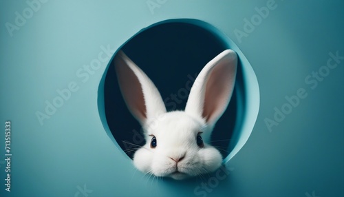 Bunny peeking out of a hole in blue wall, fluffy eared bunny easter bunny banner 