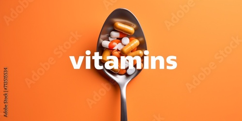 Inscription "Vitamins". Spoon with pills supplements. Dietary supplement. Supplementary nutrition. Minerals. Healthy lifestyle. Pharmacy, health care. Taking vitamins. Pharmacy Pill, medicine Isolated