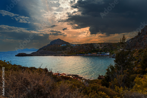 View of beautiful Anthony Quinn Bay beach and Ladiko beach. Seascape on the island of Rhodes Greece.