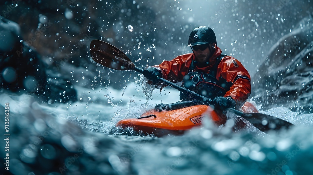 Explore the excitement of conquering mountain river rapids through our stunning image of whitewater kayaking. Hand-edited with generative AI for a dynamic visual experience.