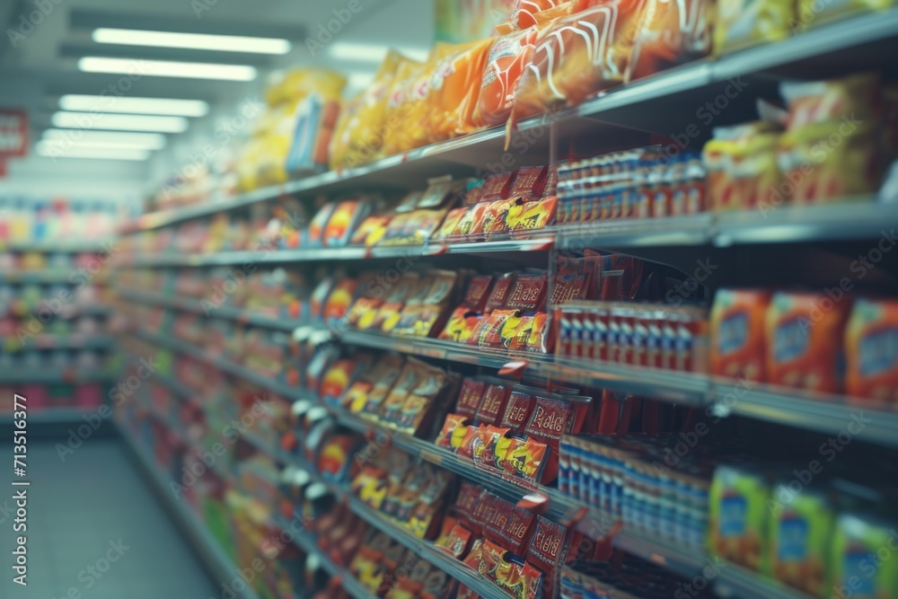 shelves in a supermarket with blurred background Generative AI
