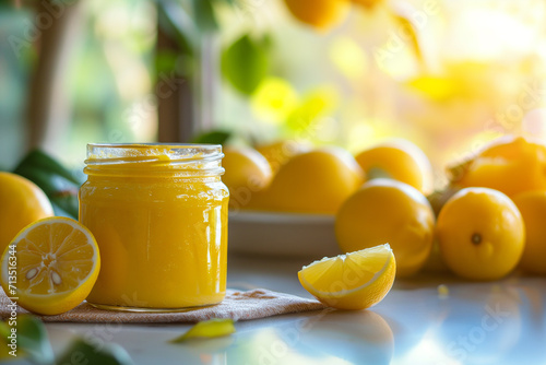 A jar of homemade lemon curd with fresh lemons photo