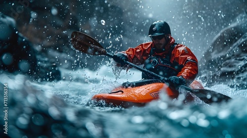 Explore the excitement of conquering mountain river rapids through our stunning image of whitewater kayaking. Hand-edited with generative AI for a dynamic visual experience. © Rathnayakamudalige