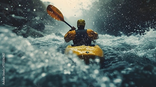 Experience the adrenaline rush of whitewater kayaking down a mountain river. Our hand-edited, generative AI image captures the thrill of challenging rapids. © Rathnayakamudalige