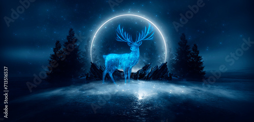Fantasy night landscape, magical reindeer, blue neon. photo