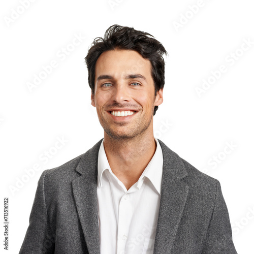 Happy, portrait or business man in studio with positive mindset, attitude or good mood on white background. Face, smile or male lawyer cheerful for new job, first day or career choice at a law firm