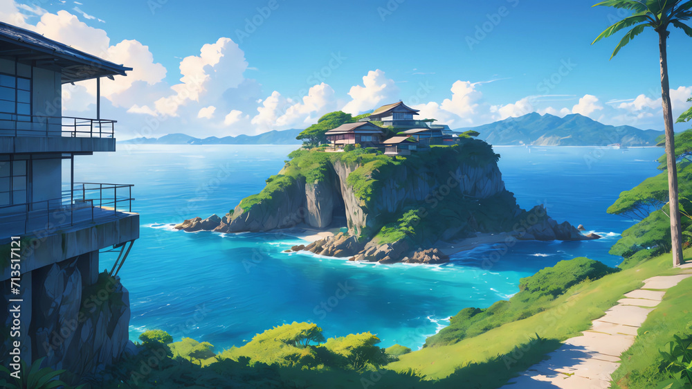 anime painting, grey concrete structure on a cliff, coastal view, contemporary, high contrast, cell shading, strong shadows, vivid hues, azure ocean, lush vegetation, tropical, cosy
