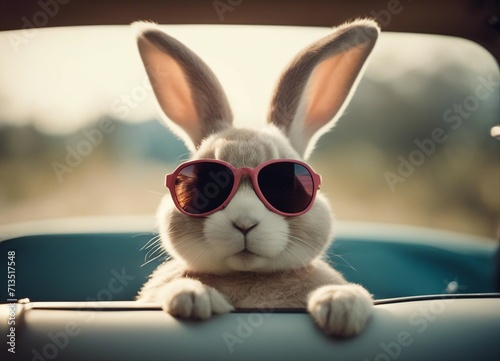 Cute Easter Bunny with sunglasses looking out of a car 