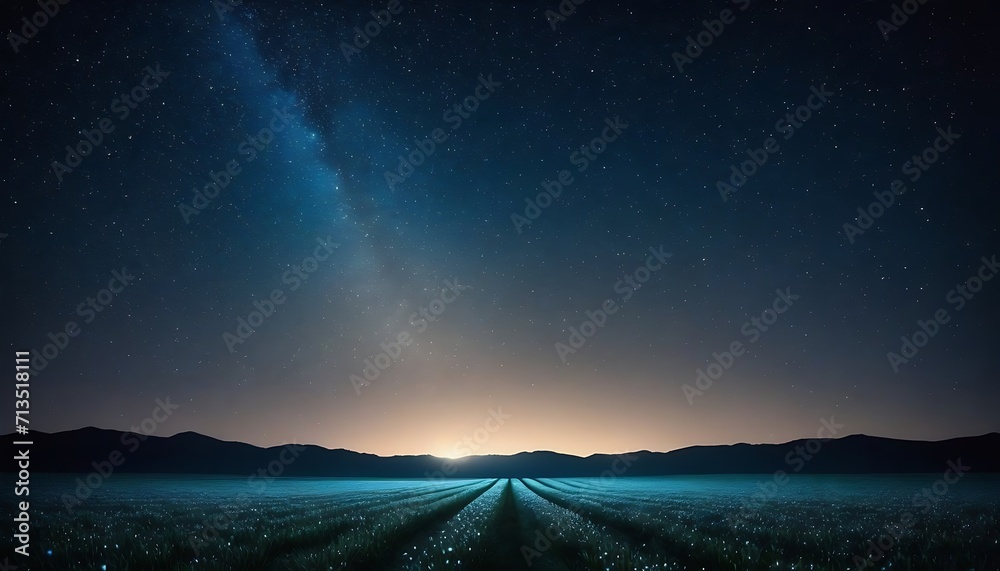 Night starry sky with milky way at dawn over a light blue field Stock ...