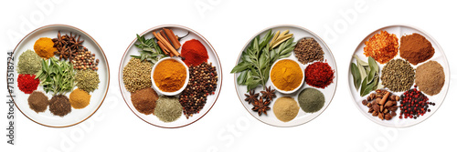 Set of spicy and soft Indian herbs on a plate  top view isolated on a transparent background