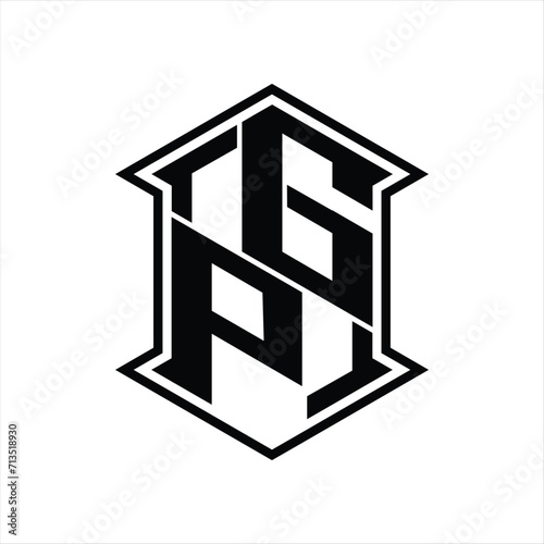 GP Logo monogram hexagon shield shape up and down with sharp corner isolated style design © F4KEarts