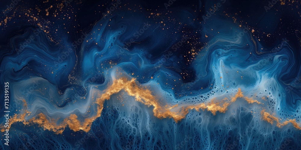 Golden waves above aquamarine, navy and indigo blue gradient colors. Exquisite lux design Wallpaper. Generative AI - obrazy, fototapety, plakaty 