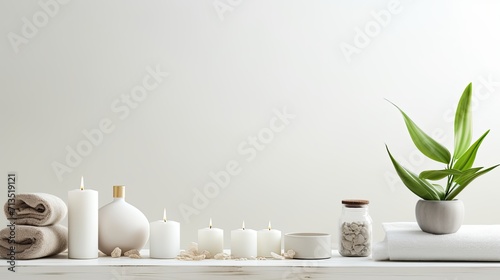 beauty treatment items arranged on a white wooden table  including massage stones  essential oils  and sea salt  a serene spa atmosphere with ample copy space.