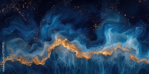 Golden waves above aquamarine, navy and indigo blue gradient colors. Exquisite lux design Wallpaper. Generative AI
