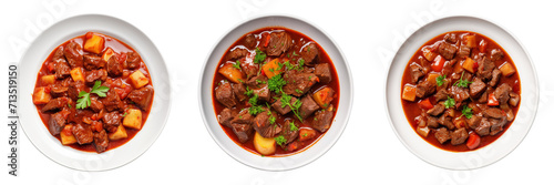 Set of Goulash on a plate top view isolated on a transparent background