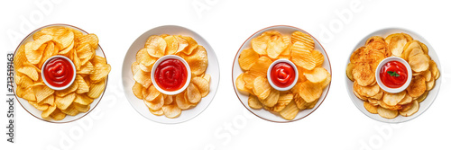 Set of potato chips and tomato ketchup on a plate  top view isolated on a transparent background photo