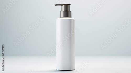 a cosmetic bottle featuring a label, elegantly placed on a table with a white background, the clean and professional presentation of the cosmetic product.