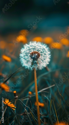 a peaceful image of a single dandelion ready to fly in the spring wind