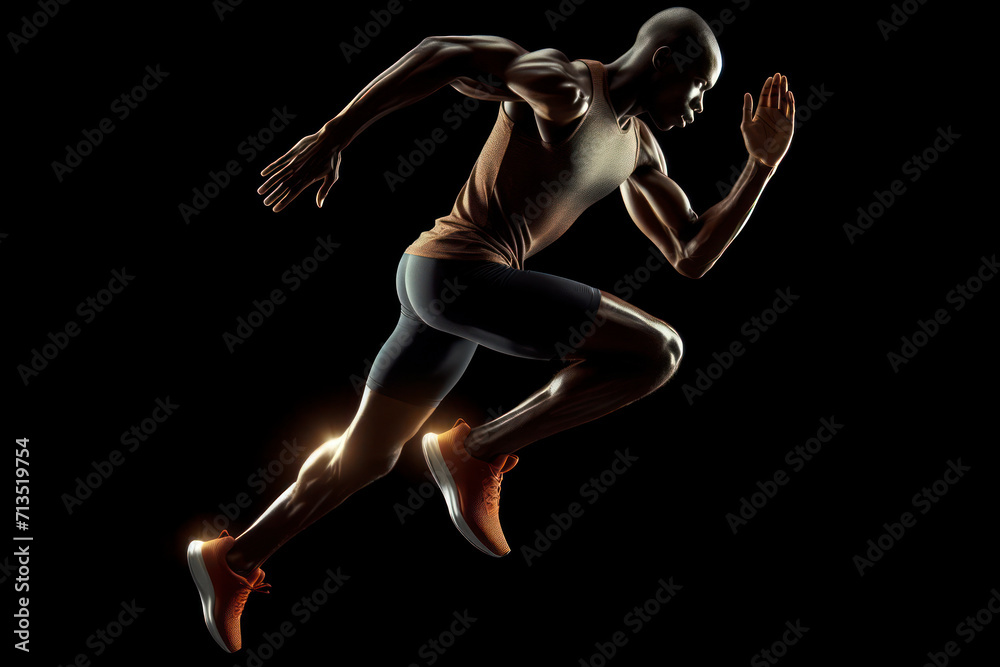 African male athlete running isolated on solid a black background. ai generative