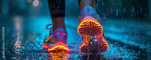 walking with futuristic light shoes on the street under the rain, AI generated