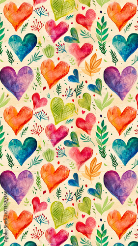 watercolor vertical background with bright hearts and florals