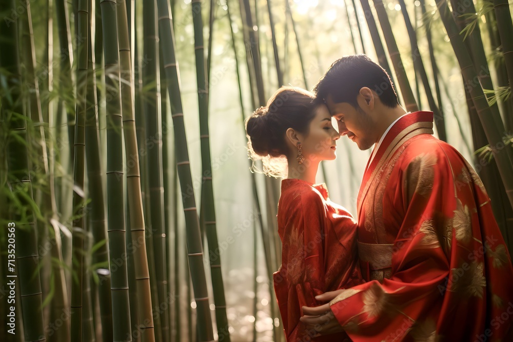 asian couple in Bamboo Forest wearing traditional Japanese kimono at Bamboo Forest in Kyoto, Japan