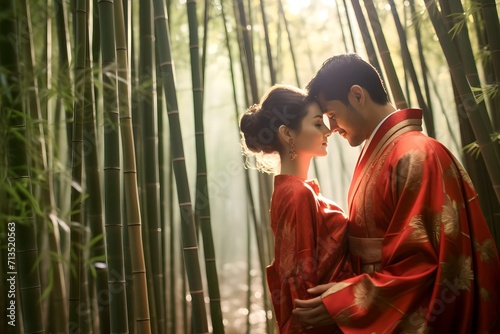 asian couple in Bamboo Forest wearing traditional Japanese kimono at Bamboo Forest in Kyoto, Japan