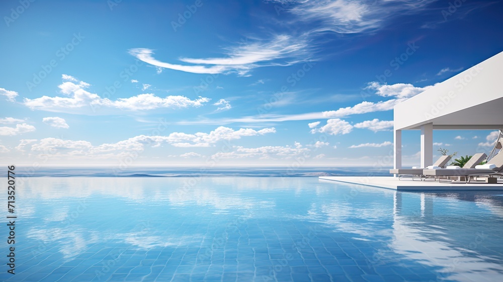 a blue hotel infinity pool under the midday sun, the refreshing and luxurious atmosphere, with the pool extending seamlessly into the horizon.
