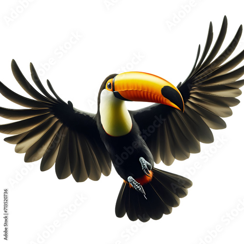 A toucan bird flies towards the camera. Isolated on white background. photo