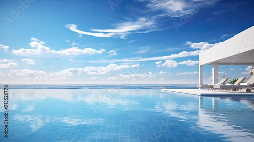 a blue hotel infinity pool under the midday sun, the refreshing and luxurious atmosphere, with the pool extending seamlessly into the horizon. © lililia