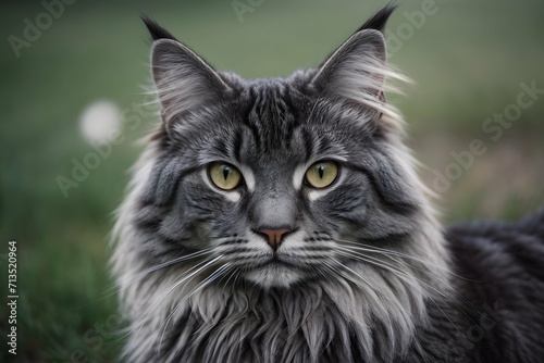 Maine coon grey cat outside close up facing with face background wallpaper
