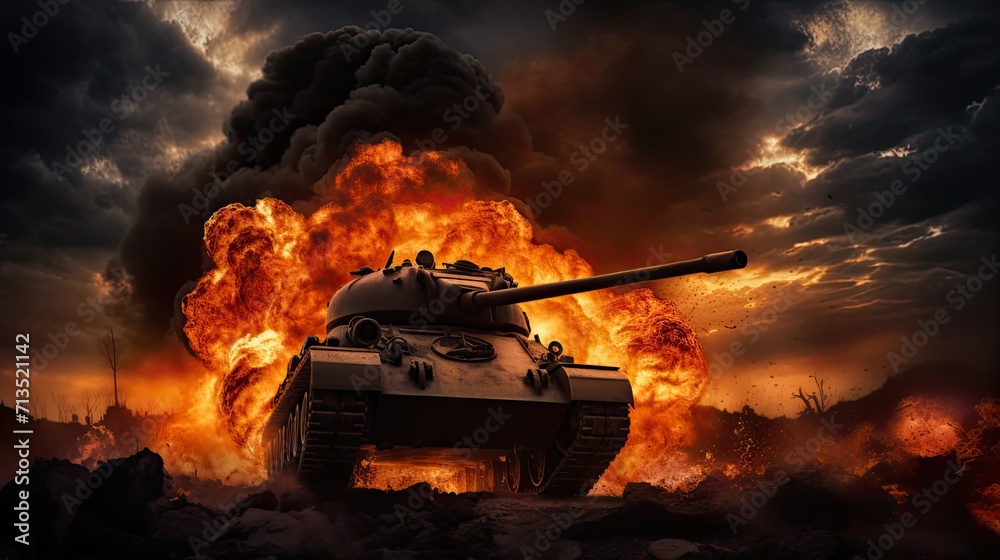 the intense silhouette of a burning tank, depicting a dramatic scene of conflict and destruction. the intense silhouette of a burning tank, depicting a dramatic scene of conflict and destruction.