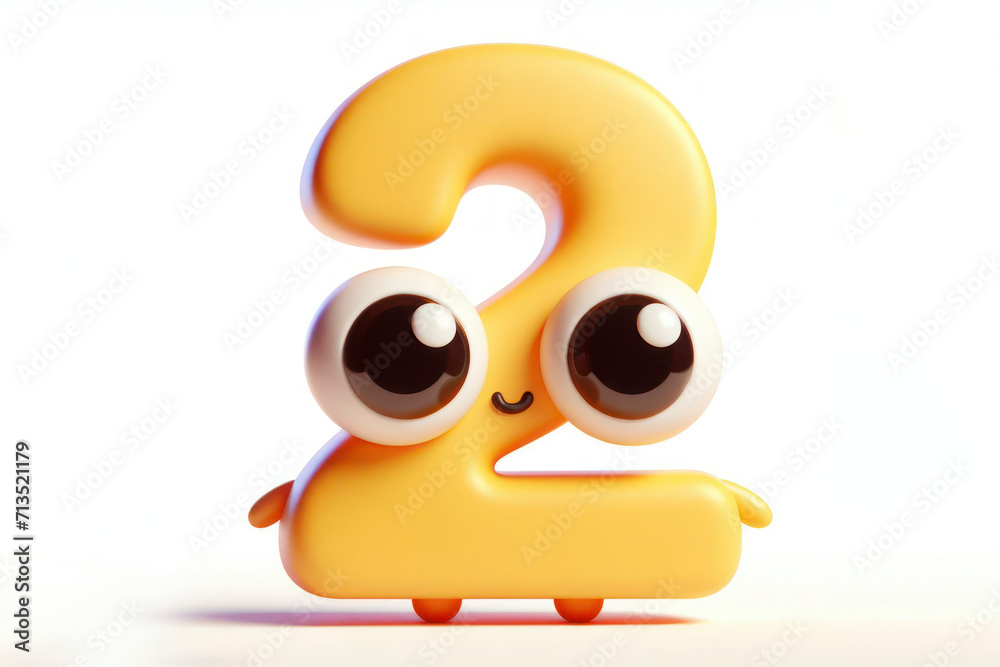 little cute happy number 2 3d character with bulging eyes on solid a white background. ai generative