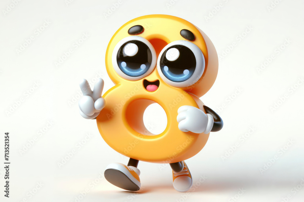 Obraz premium little cute happy number 8 3d character with bulging eyes on solid a white background. ai generative