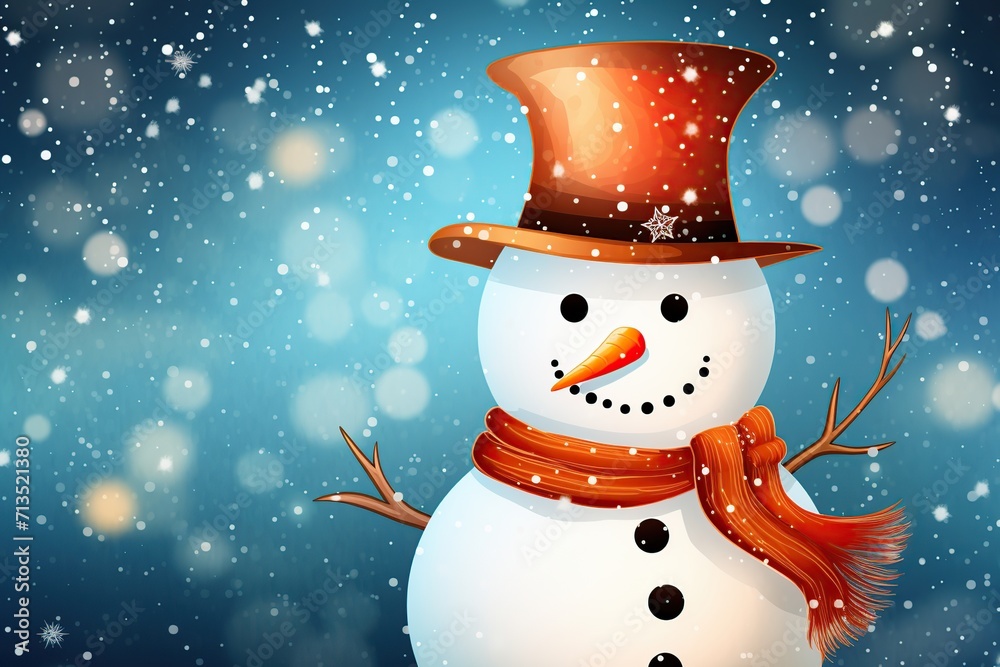 Illustration of snowman wearing scarf and hat with falling snow Illustration of snowman wearing scarf and hat with falling snow