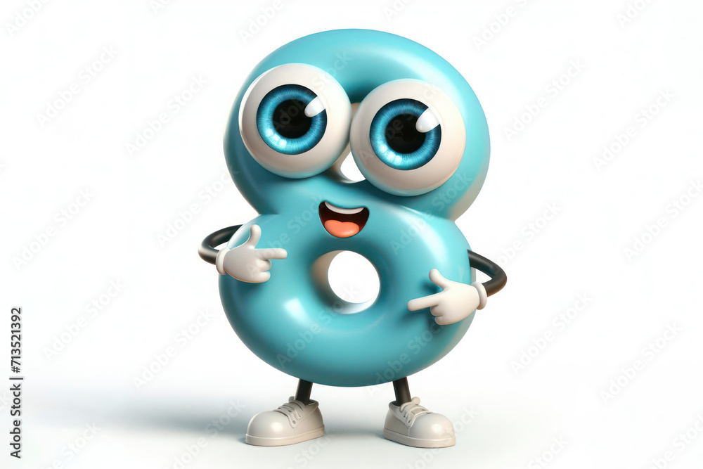 little cute happy number 8 3d character with bulging eyes on solid a white background. ai generative