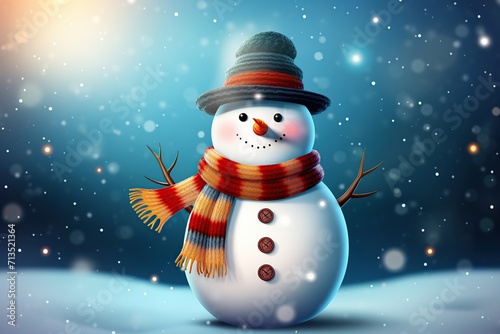 Illustration of snowman wearing scarf and hat with falling snow © Alina