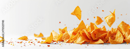 A lively scene of tortilla chips flying above a white cup, symbolizing a joyous and carefree moment, perfect for sharing with friends. photo