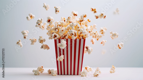 Energetic popcorn kernels leap from a classic red and white striped container, capturing the quintessential cinema snack in a lively moment.