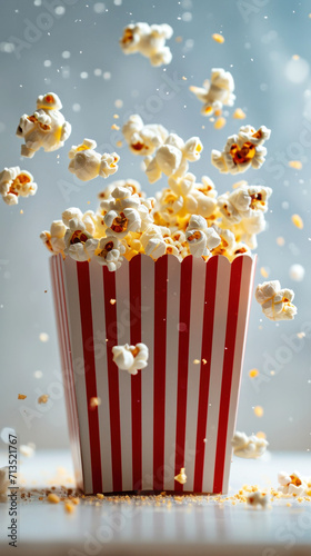  Freshly popped popcorn in a red and white striped cup, with snowflake-like salt crystals, conjures the festive joy of movie-watching at an International Film Festival.
