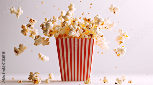 A red and white striped popcorn container with kernels popping energetically, a scene synonymous with movie experiences at International Film Festivals. © Liana