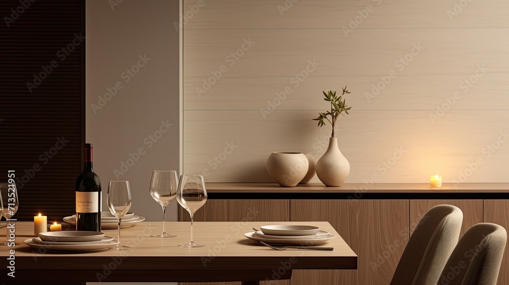 a dining table in the foreground, elegantly set with a bottle of white wine and white wine glasses, the inviting ambiance and sophistication of a ready-to-enjoy dining experience. a dining table in the foreground, elegantly set with a bottle of white wine and white wine glasses, the inviting ambiance and sophistication of a ready-to-enjoy dining experience.