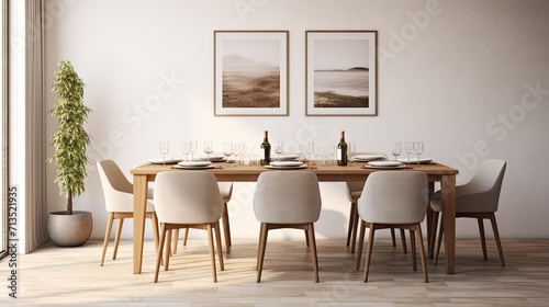 a dining table in the foreground, elegantly set with a bottle of white wine and white wine glasses, the inviting ambiance and sophistication of a ready-to-enjoy dining experience. © lililia
