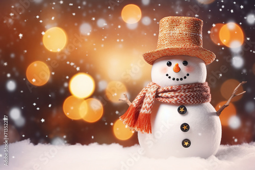 Beautiful snowman wearing scarf and hat with falling snow © Alina