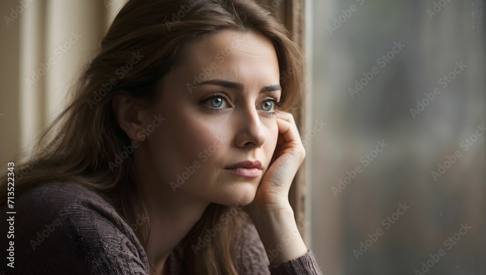 A woman with a pensive and lonely expression, reflecting deep sadness. generative AI A woman with a pensive and lonely expression, reflecting deep sadness. generative AI