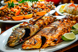 Exotic Grilled Fish with Vegetables. Healthy Omega-3 Fish. Fish Barbecue.