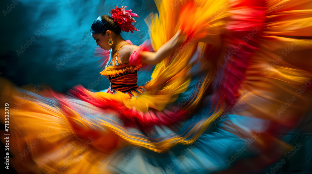 Obraz premium the vibrant energy of a flamenco dancer in full performance. The image features the dancer, dressed in a traditional, colorful flamenco outfit with ruffles and flowing fabric, mid-twirl