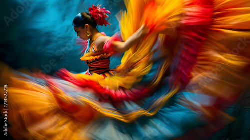 the vibrant energy of a flamenco dancer in full performance. The image features the dancer, dressed in a traditional, colorful flamenco outfit with ruffles and flowing fabric, mid-twirl photo